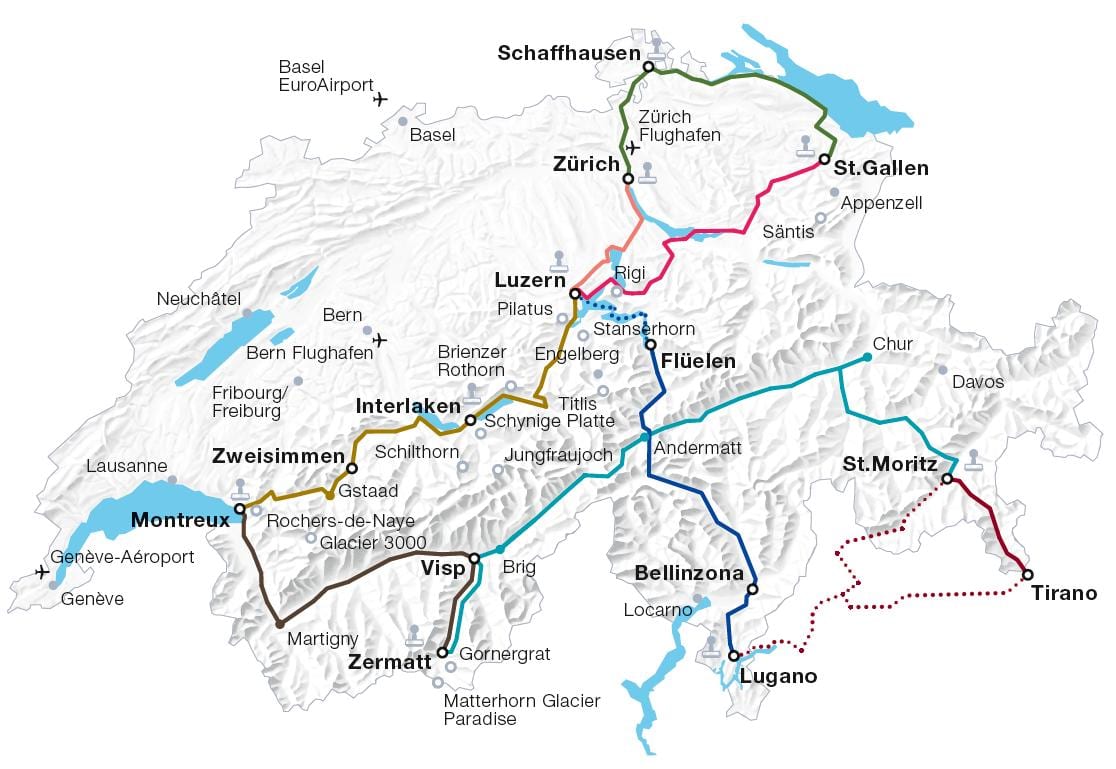 İsveçrə dəmir yolu marşrutu xəritədə